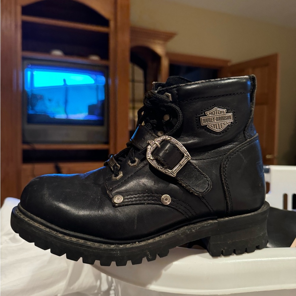 Harley-Davidson Black Leather Moto Lace-Up Boots with Buckle